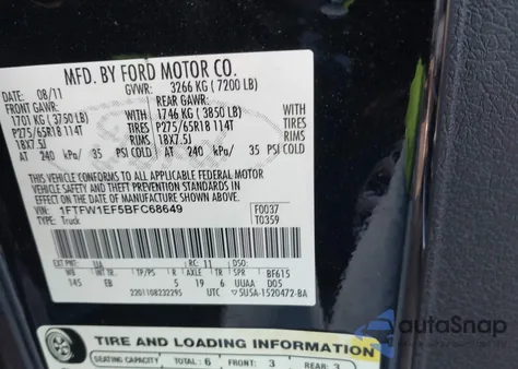 2011 Ford F-150 Lariat z USA, uszkodzony, nr VIN 1FTFW1EF5BFC68649